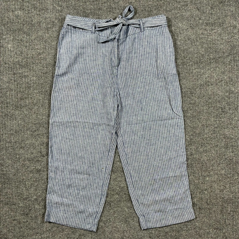 Chicos Womens Cropped Tie Waist Pants Size 2 Blue White Striped Linen High Rise